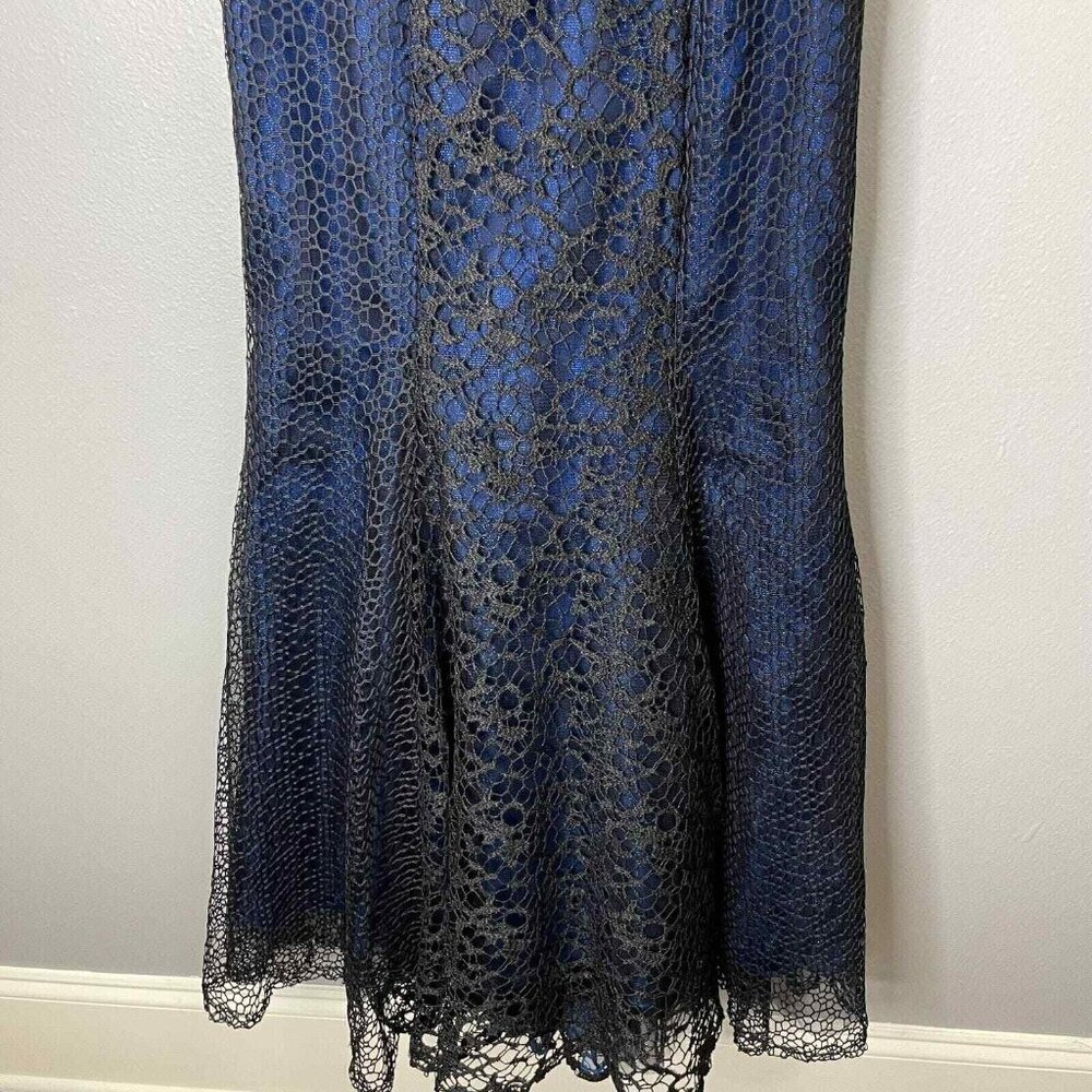 Monique Lhuillier Crochet Lace Dress Womens 6 Blue Black Shimmer Mermaid - Picture 4 of 13